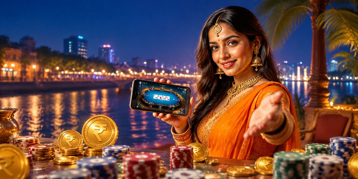 Rummy poker game setup along Ahmedabad riverfront with rupee currency