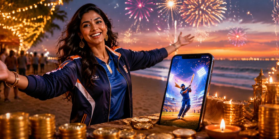 Cricket fans betting online during Diwali festival at Chennai Marina Beach