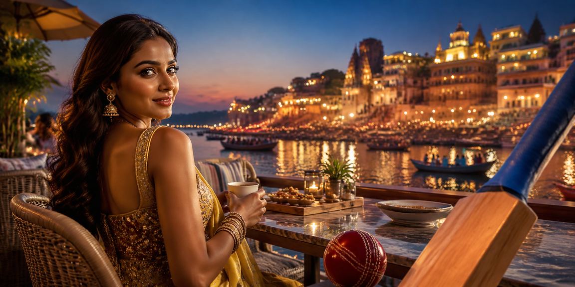 Players enjoying Rummy in traditional attire near Varanasi Ghat